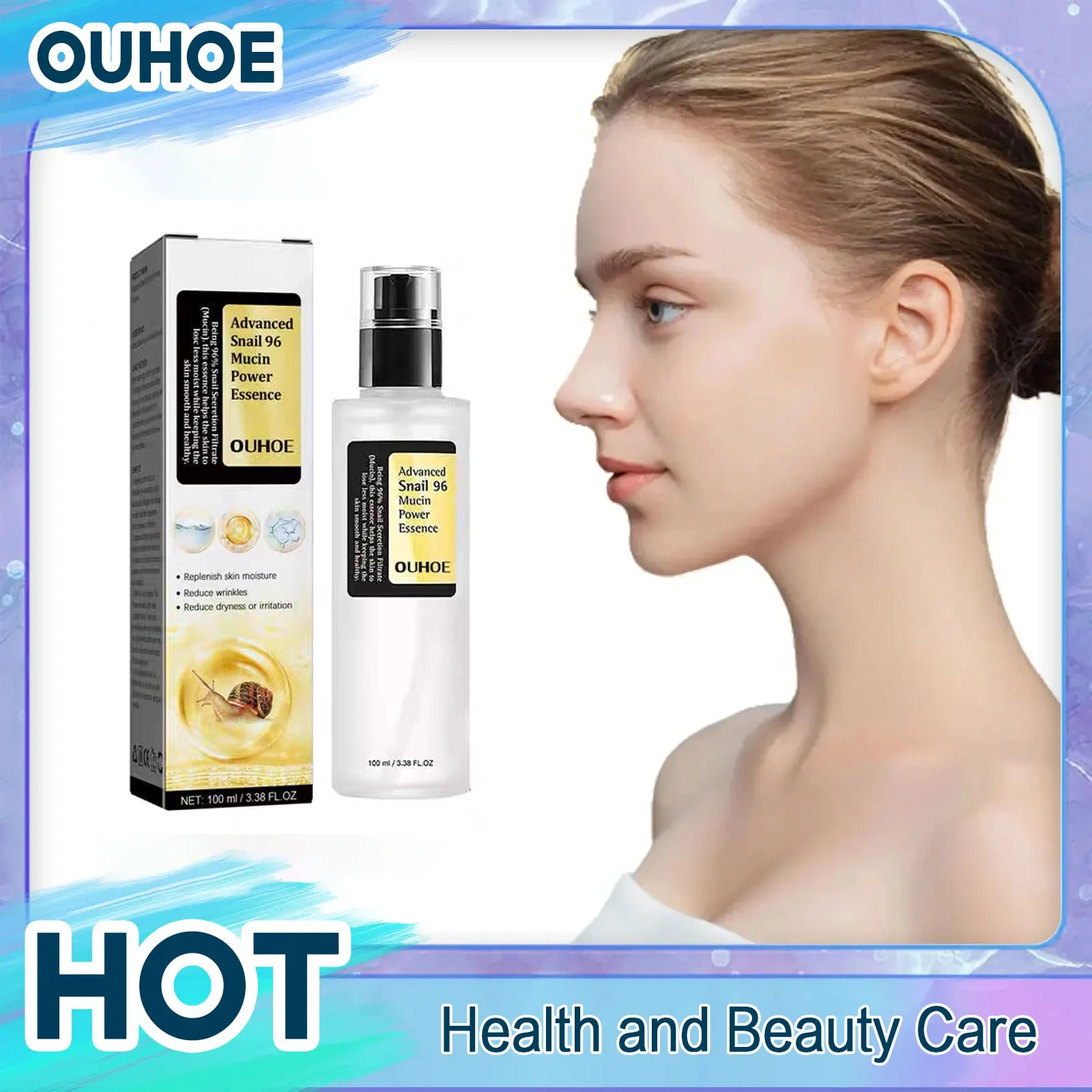 OUHOE Snail Mucin Facial Essence Repairing Tightening Anti-Aging Fade Fine Lines Moisturizing Brightening Facial Skin Care 100ml