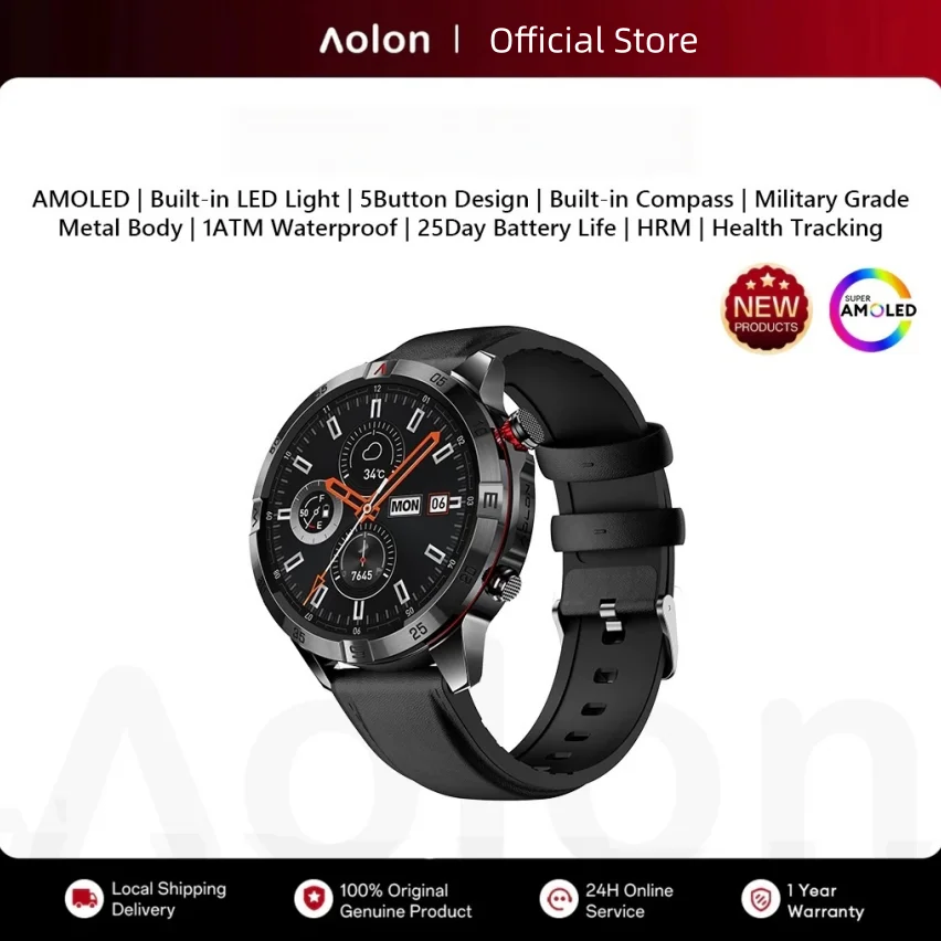 Aolon Military Watch Compass Flashlight AMOLED Bluetooth Call Smartwatch 1ATM Waterproof 110+Workout Modes Sport Fitness