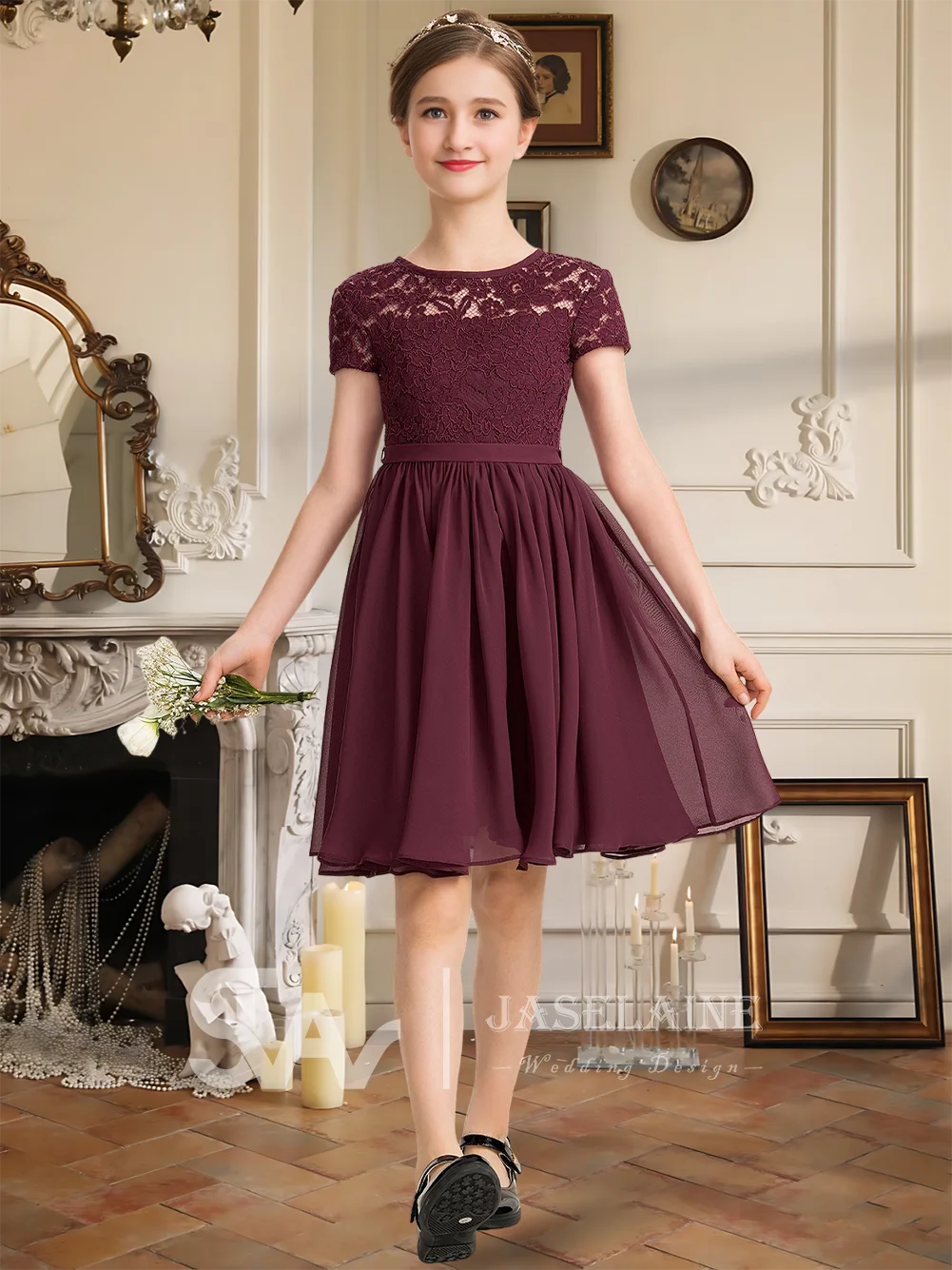 Abito da damigella d'onore junior con scollo a barchetta e fiocco Abito da ragazza di fiori in chiffon di pizzo al ginocchio Manica corta Festa di nozze formale per ragazze