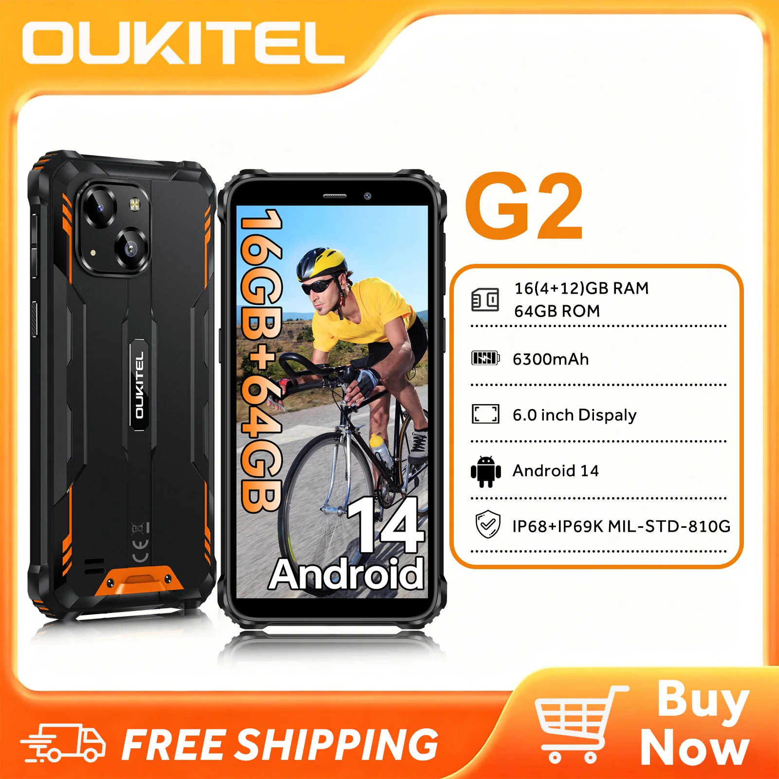 OUKITEL G2 Rugged Smartphone Unlocked - 16+64GB Android 14 Rugged Cellphones, 6.0”HD Display 6300Ah Battery 13MP Rear