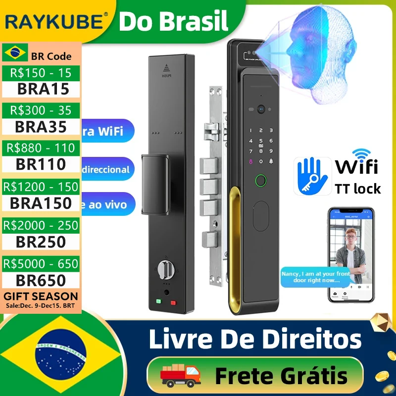 Faça Brasil RAYKUBE TD1 TT Lock WiFi Digital Face Bloqueio de impressão digital com monitor de câmera WiFi TT Lock APP remoto chamada de vídeo