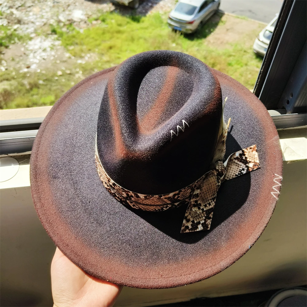 Handmade Wide Brim Felt Hat Ethnic Style Sun Hat with Stitched Decor Gradient Color Fedora Cap Winter Autumn Party Hat Unisex