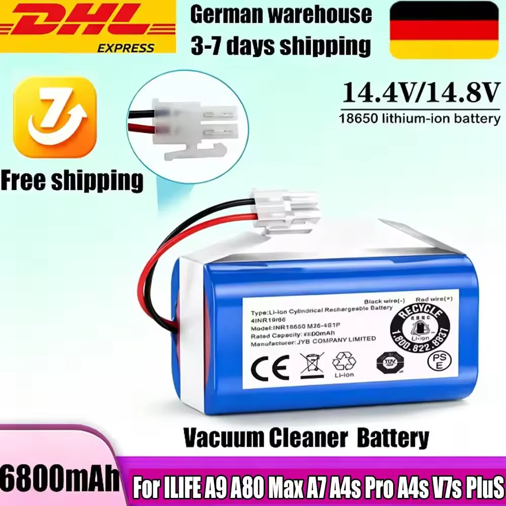 Batteria al litio originale da 14,8 V e 6800 mAh per aspirapolvere robot Ilife A4, A4S, V7, A6, V7S Plus, modello INR18650, batteria M26-4S1P.