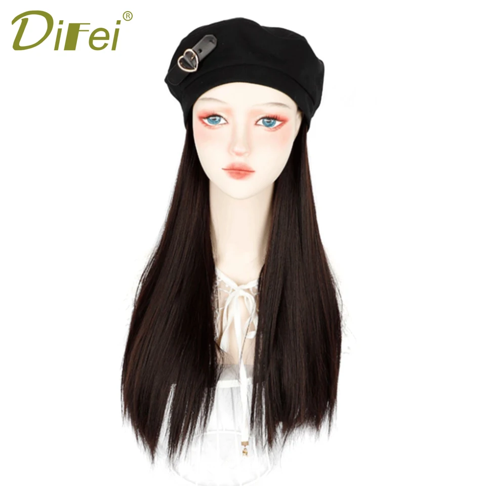 Berets Hat With Hair Wigs Synthetic Long Straight Fake Hair Hat Wig Autumn Winter Warm Cap Wig Black Cap With 50cm Long Hair Wig