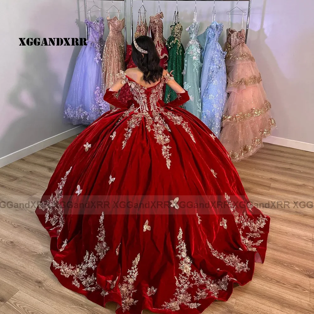 Vestido de terciopelo de princesa para quinceañera, falda larga hinchada, vestido de baile, fiesta de graduación, sin hombros, dulce, 15, 16 años, niña, MISS cumpleaños, 2023