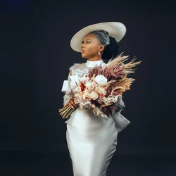 Saudi African Mermaid Wedding Dress High Collar Lace Long Sleeves Vestido de Novia Knee Length Back Split Aso Ebi Bridal Gowns