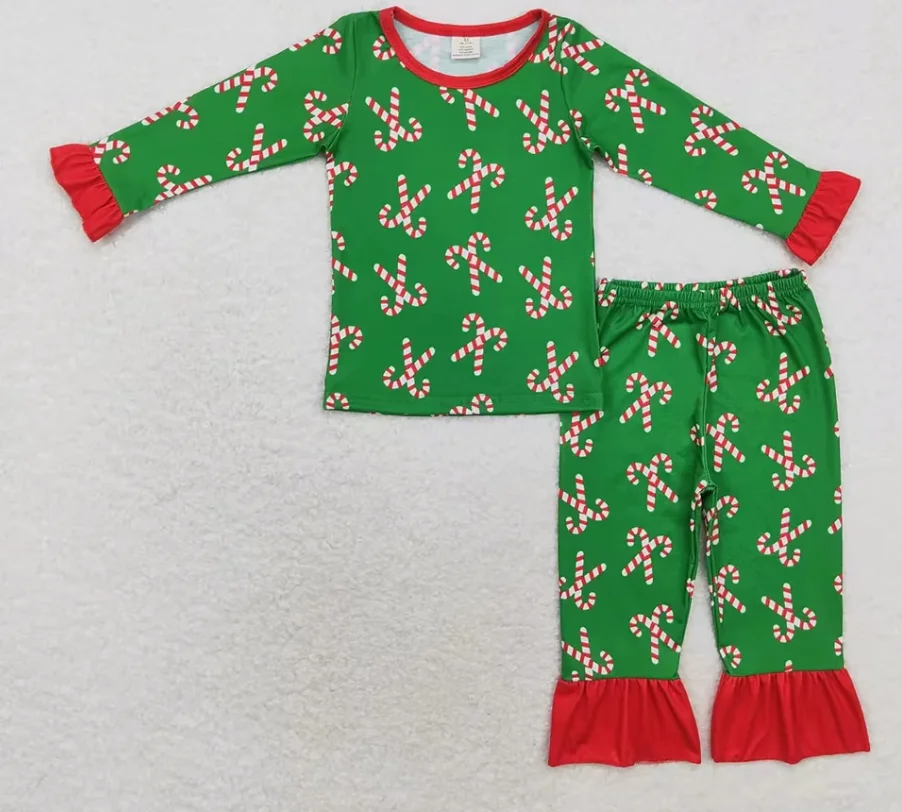 

Пижамы для маленьких девочек, одежда для сна, детский рождественский зеленый наряд для девочек, рубашка с длинными рукавами, брюки с рюшами