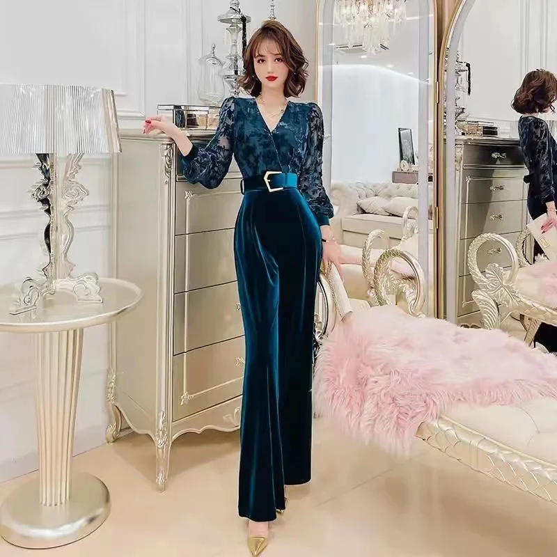 Fashion Golden Velvet Jumpsuit Spring 2023 New Style Slim And Wide Leg Hollow Out Lace Jumpsuit Women's Wear