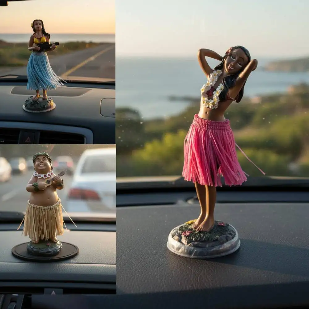 Vibrant African Girl Figurine Dashboard Doll Hawaiian Hula Girl Playing Guitar Ukulele Dancing, Grass Skirt Decor, Car Ornament