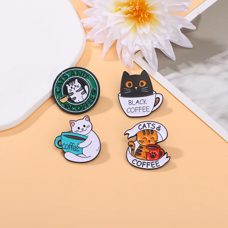 Cartoon Letter Coffee Cup Cat Enamel Brooch Cute Creative Backpack Clothing Accessories Decoration Alloy Lapel Pin Badge