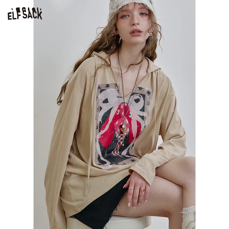 ELFSACK-Camiseta de manga larga con capucha y cuello en V para mujer, Top informal holgado de color caqui, novedad de Primavera de 2025