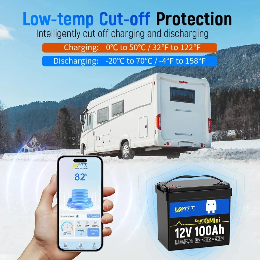 بطارية Wattcycle LiFePO4 بقدرة 12 فولت 100 أمبير في الساعة تعمل بتقنية البلوتوث في الوقت الحقيقي تضمن الاستخدام الآمن والمثالي للتخييم/الصيد في الهواء الطلق، إلخ
