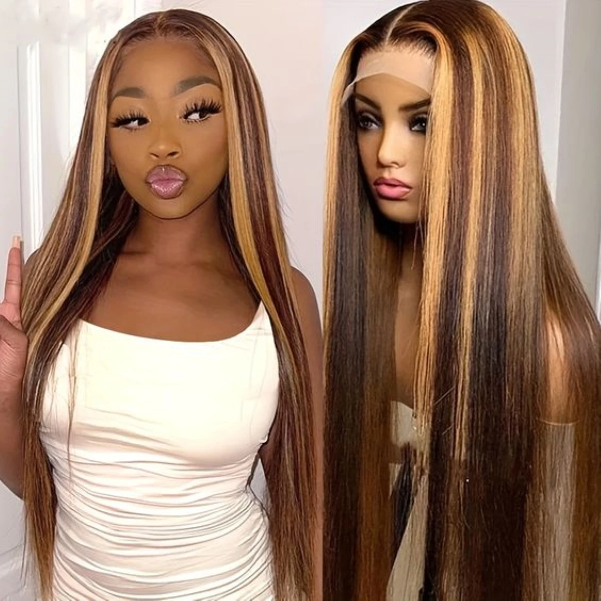 

Highlight Color Bone Straight Wig 13x4 HD Lace Front Human Hair Wig P4/27 Ombre Honey Blonde 13×6 Lace Frontal Wigs 200 Density