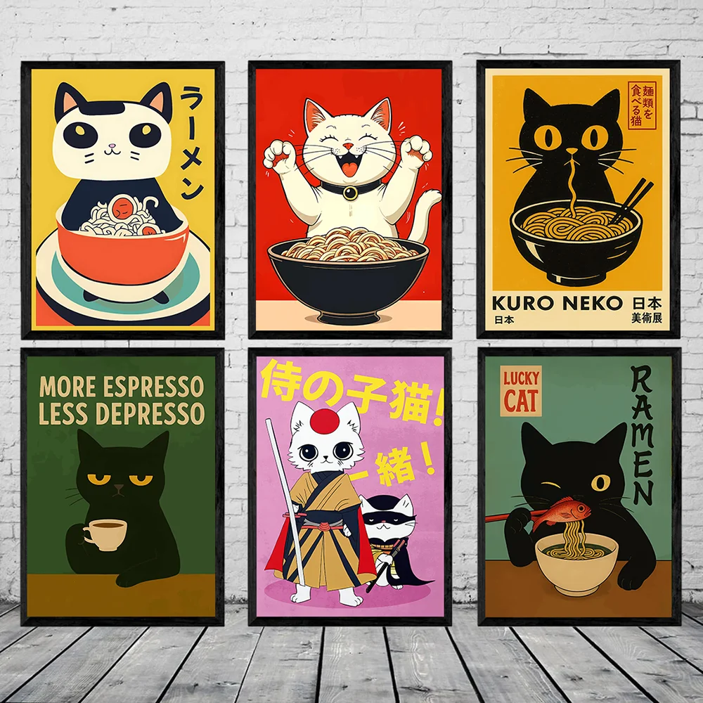 Ramen Cat Print Japanese Wall Art Decor Anime Cat Poster More Espresso Less Depresso Poster Ramen Bowel Canvas Painting Unframed