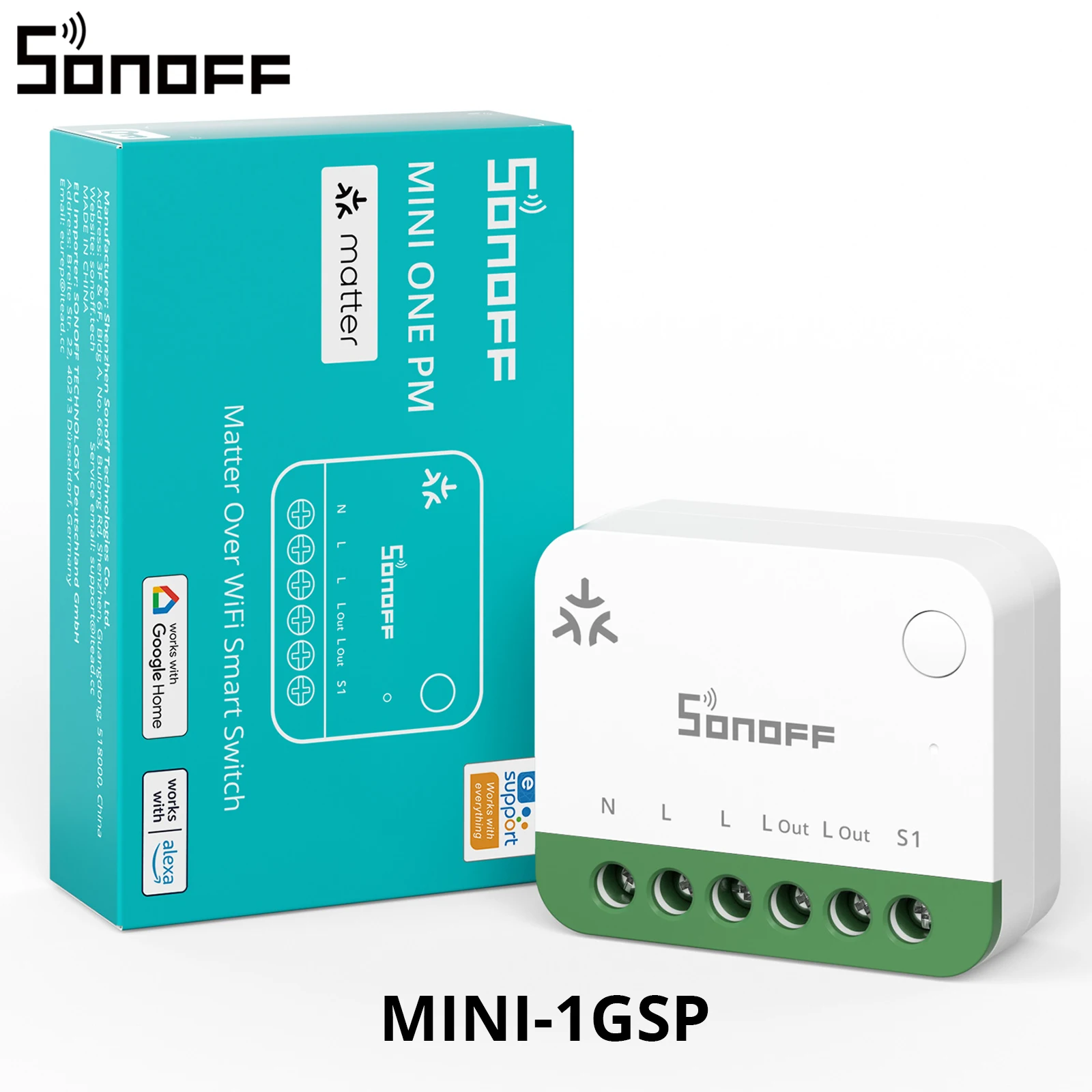 SONOFF MINI-1GSP MINI ONE PM Slimme schakelaar met Matter over Wi-Fi, maximaal 16 A, lokale webconsole en open API-interfaces, compatibel met Apple Home, Smart Things en Google Home.