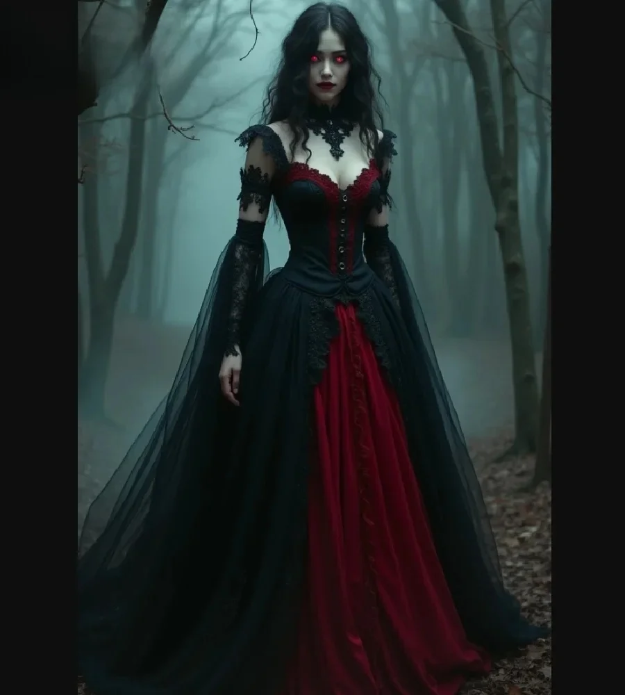 Fantasy Schwarz und Rot Gothic Hochzeitskleid Vampir Hexe Elf Ästhetisches Barock Viktorianisches Brautkleid Spitze Bohemian Maßgeschneidert
