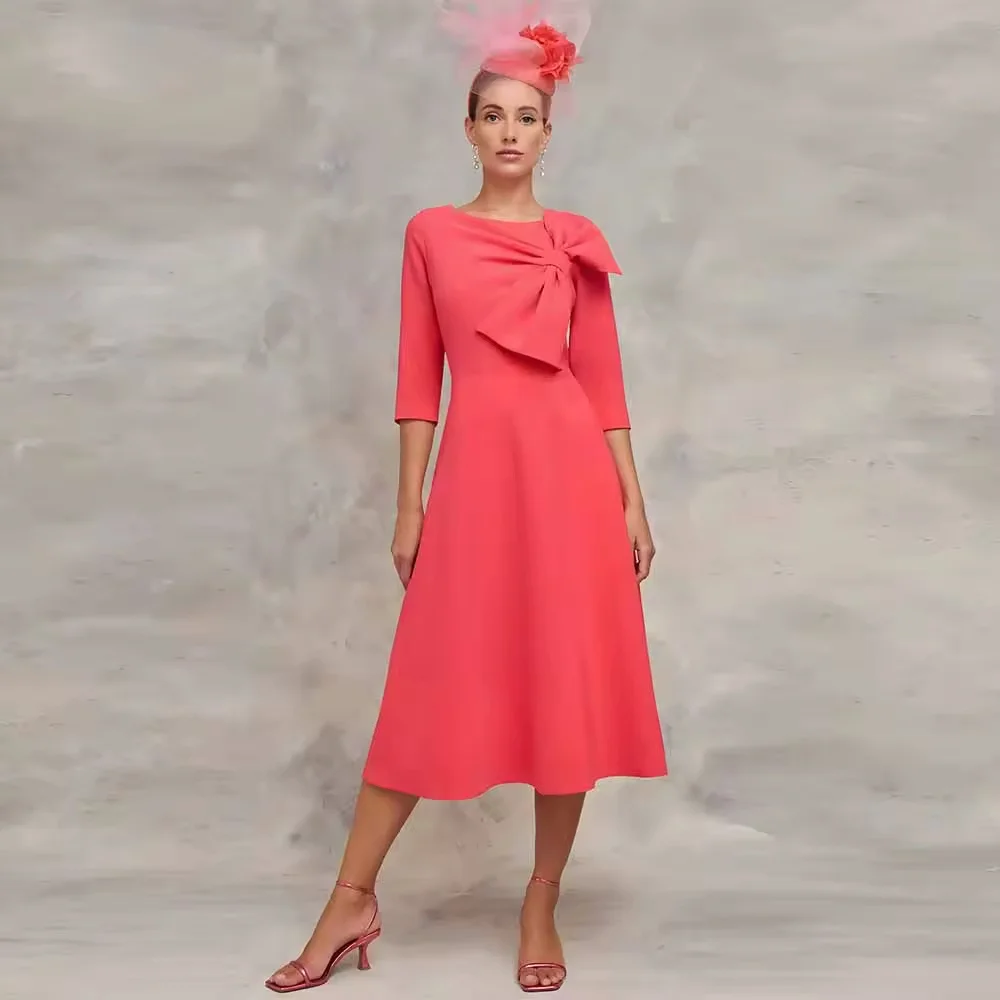 

Customized Formal Mother of the Bride Dress Crepe Fabric A-line Prom Dress Orange O-Neck Bow Pleat Midi Women's Part Gowns