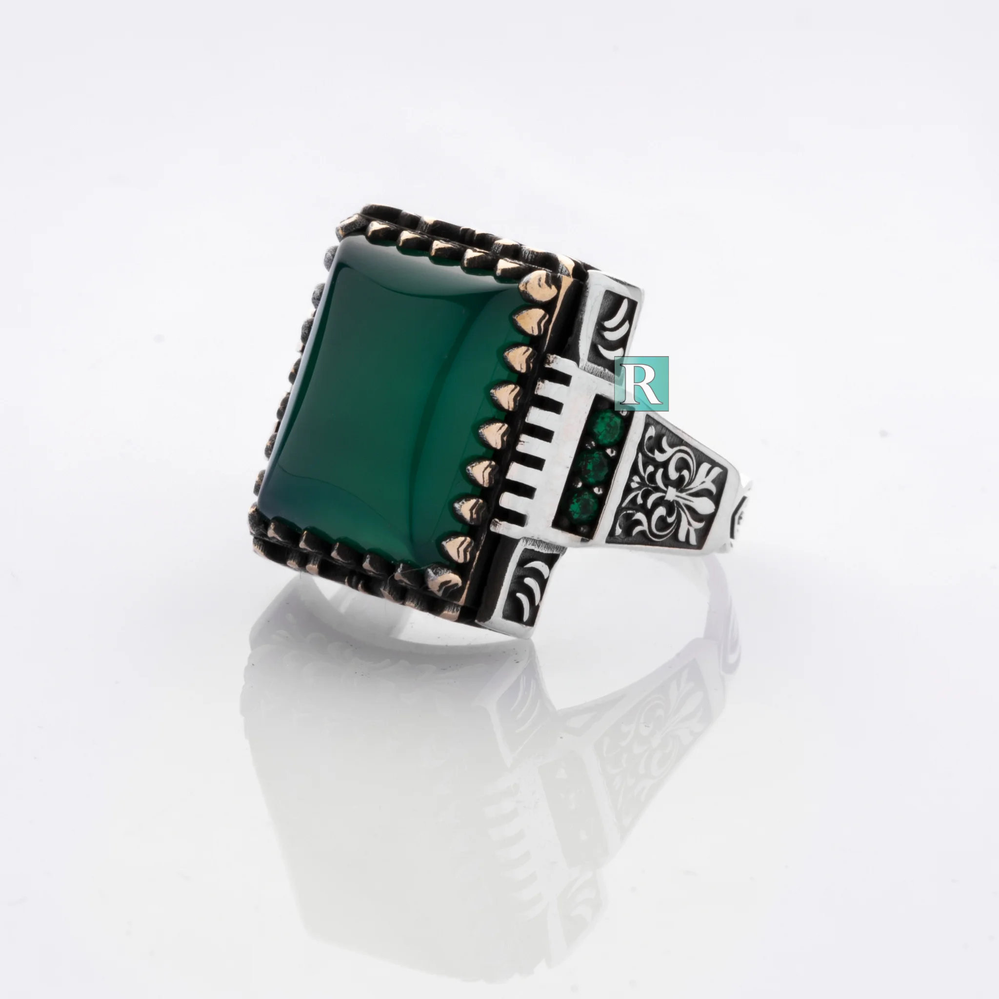 

High Quality Green Agate Stone Pure 925 sterling silver ring for men side stone zircon guaranteed fine jewelry gift rings