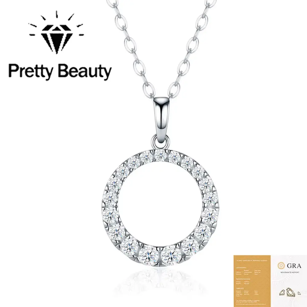 LinkerLove S925 Sterling Silver Moissanite Circle Halo Pendant Necklace for Women White Gold Plated Clavicle Chain Fine Jewelry