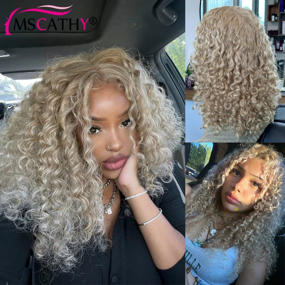 200% Ashy Blonde Colored Glueless Wigs For Women Kinky Curly Brazilian Virgin Human  Hair Wigs Pre-cut Lace Closure Wig Prepluck