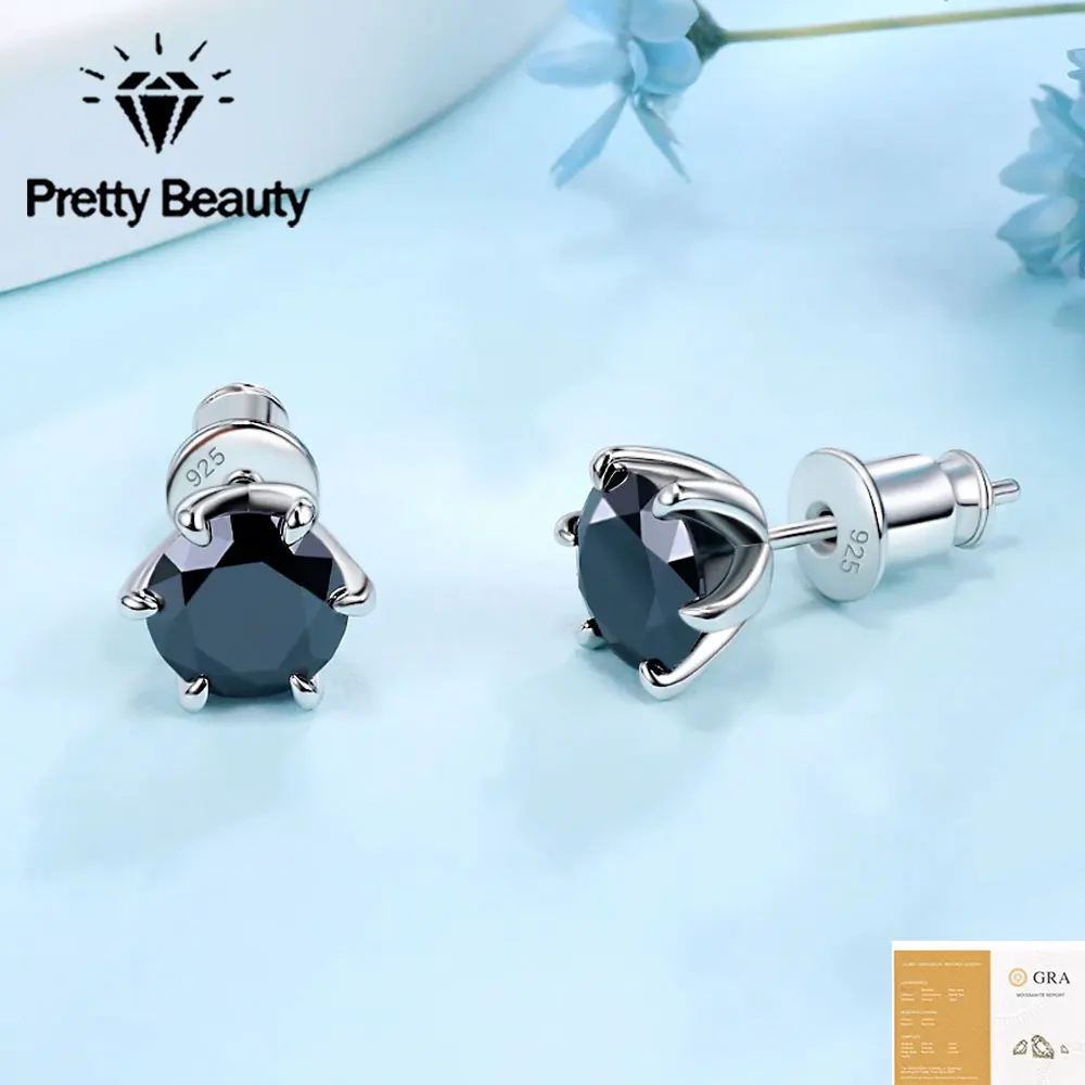 Pretty Beauty 925 Sterling Silver Black Moissanite Stud Earrings for Women Solitaire Diamond Earring Hypoallergenic Jewelry Gift
