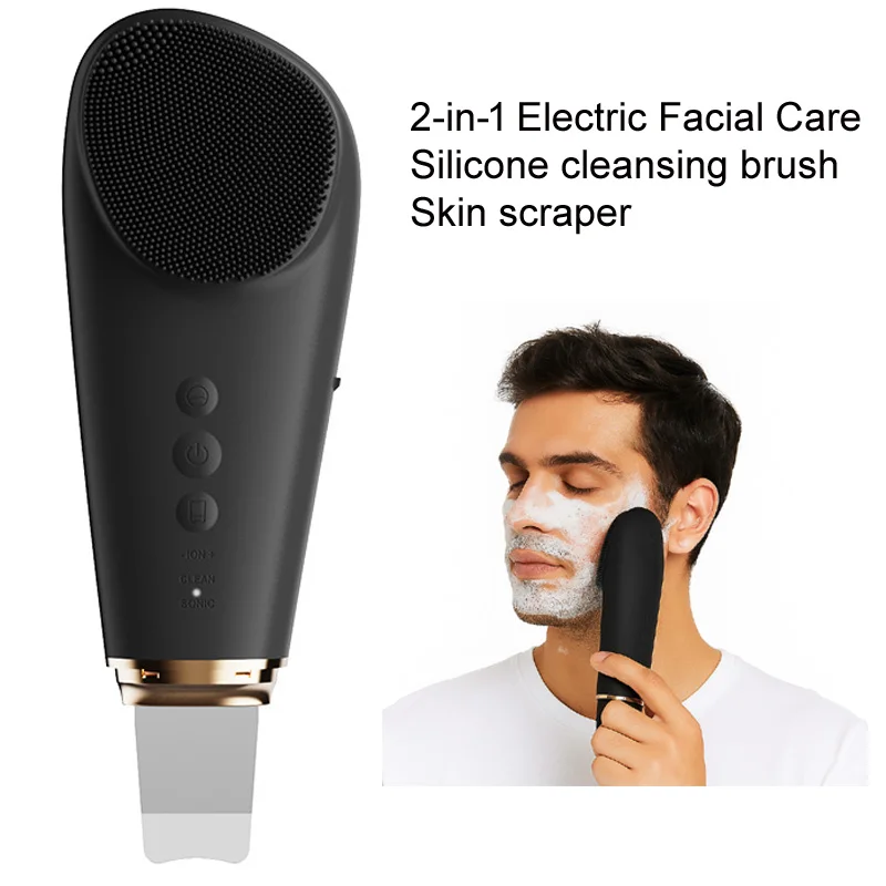 2 in 1 Facial Cleansing Brush And Ultrasonic Skin Scraper Silicone Electric Face Brush with Ion Import Export for Deep Cleansing