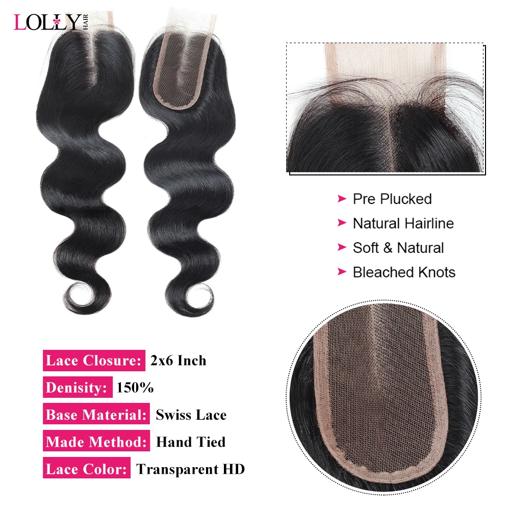 Lolly 2x6 Deep parting Closure with Bundles Body Wave Human Hair Bundles with Closures Raw Hair Extensions for Women Middle Part