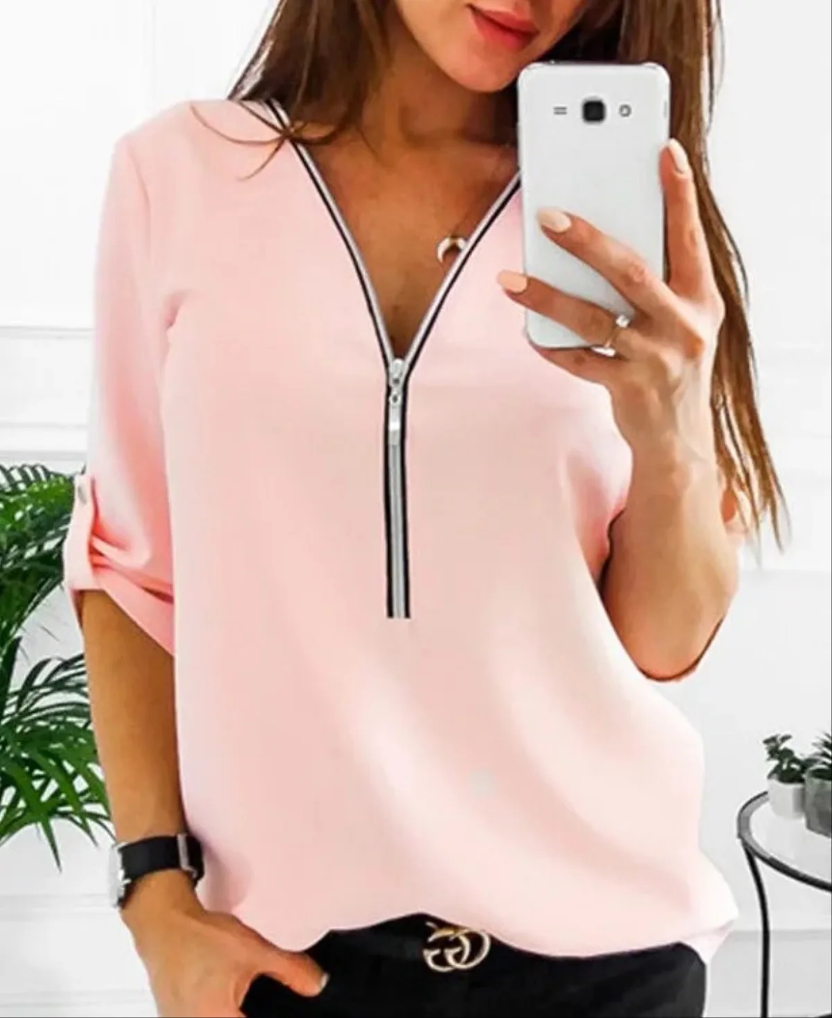 Chiffon Ladies V-Neck Zipper Blouse T-Shirt Top Loose Casual Female Women Solid Long Sleeve Blouse Shirt Pullover Top Plus Size