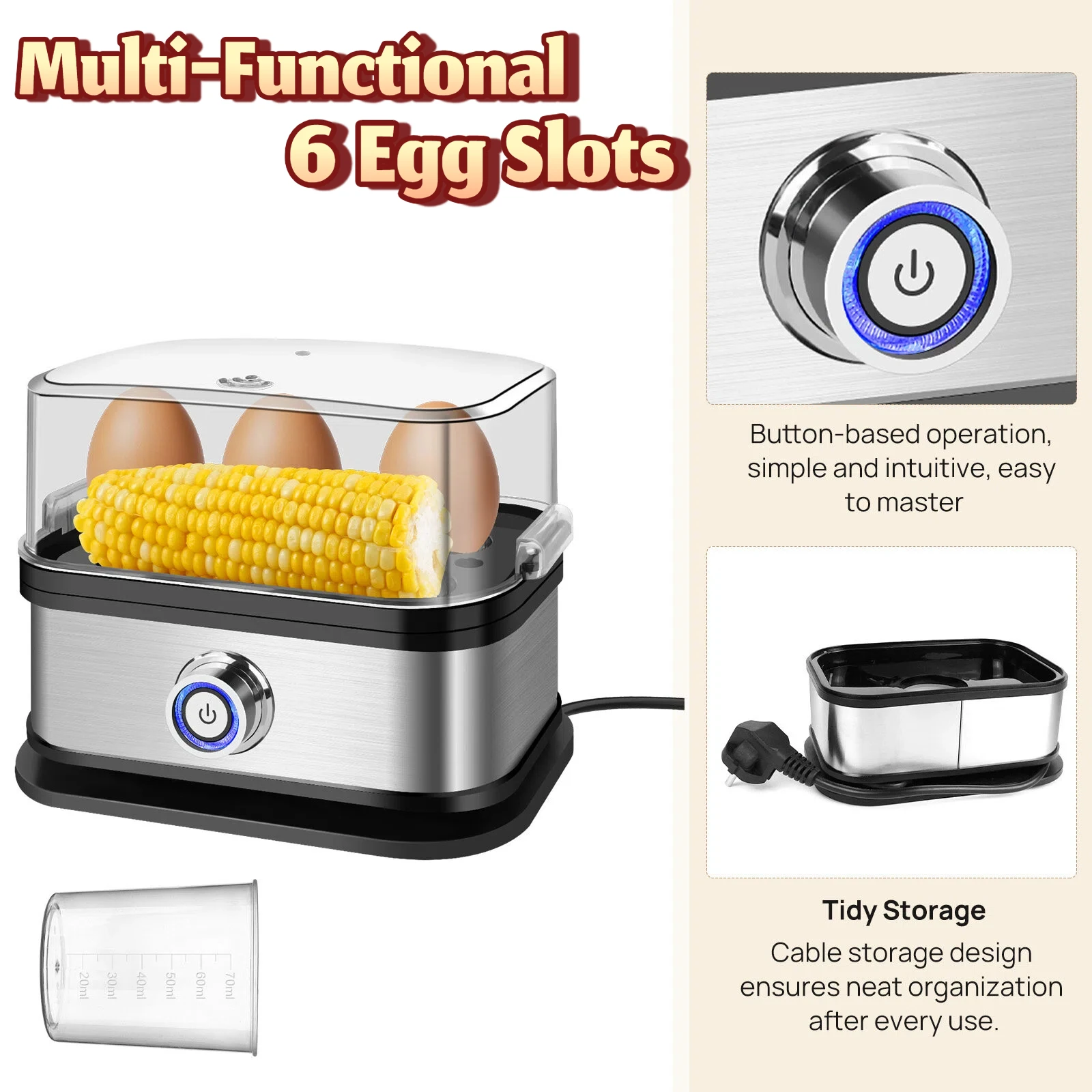 Hervidor de Huevos DayPlus con Capacidad para 6 Huevos, Cocedor de Huevos Eléctrico para Huevos Cocidos Suaves/Duros – Apagado Automático, Vaporera Multiusos para Maíz, Verduras, Dumplings