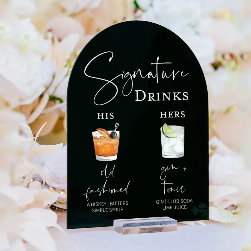 قوس شريط أسود القائمة توقيع الكوكتيلات مخصص شرب تسجيل الاكريليك علامة الزفاف مع حامل واضح كوكتيل بار القائمة علامة التوقيع #5