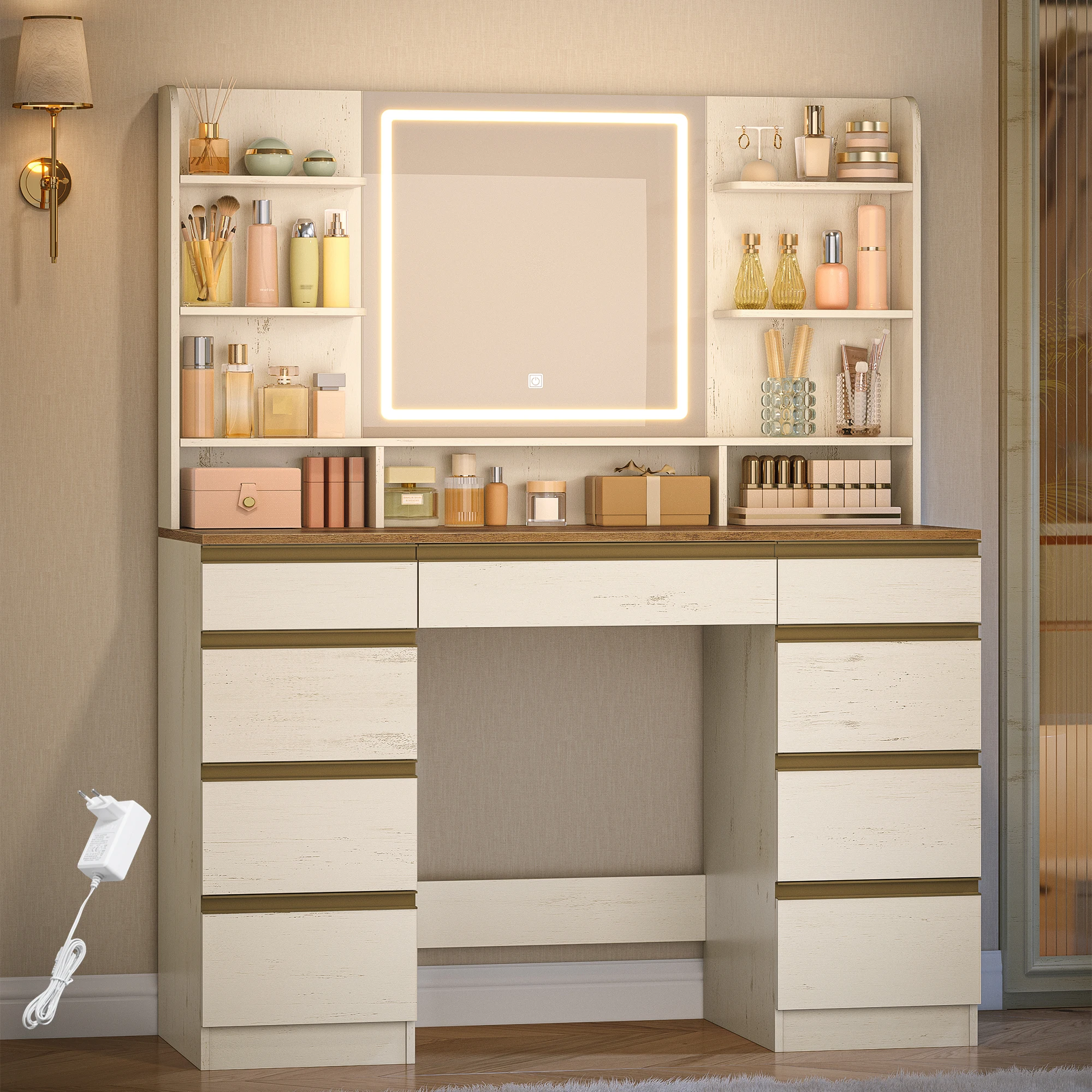 Großer Schminktisch mit LED-Beleuchtung, 3 Farben, Helligkeitsregelung, Spiegel, 9 Schubladen und offenen Regalen, moderner Stil, Weißbraun