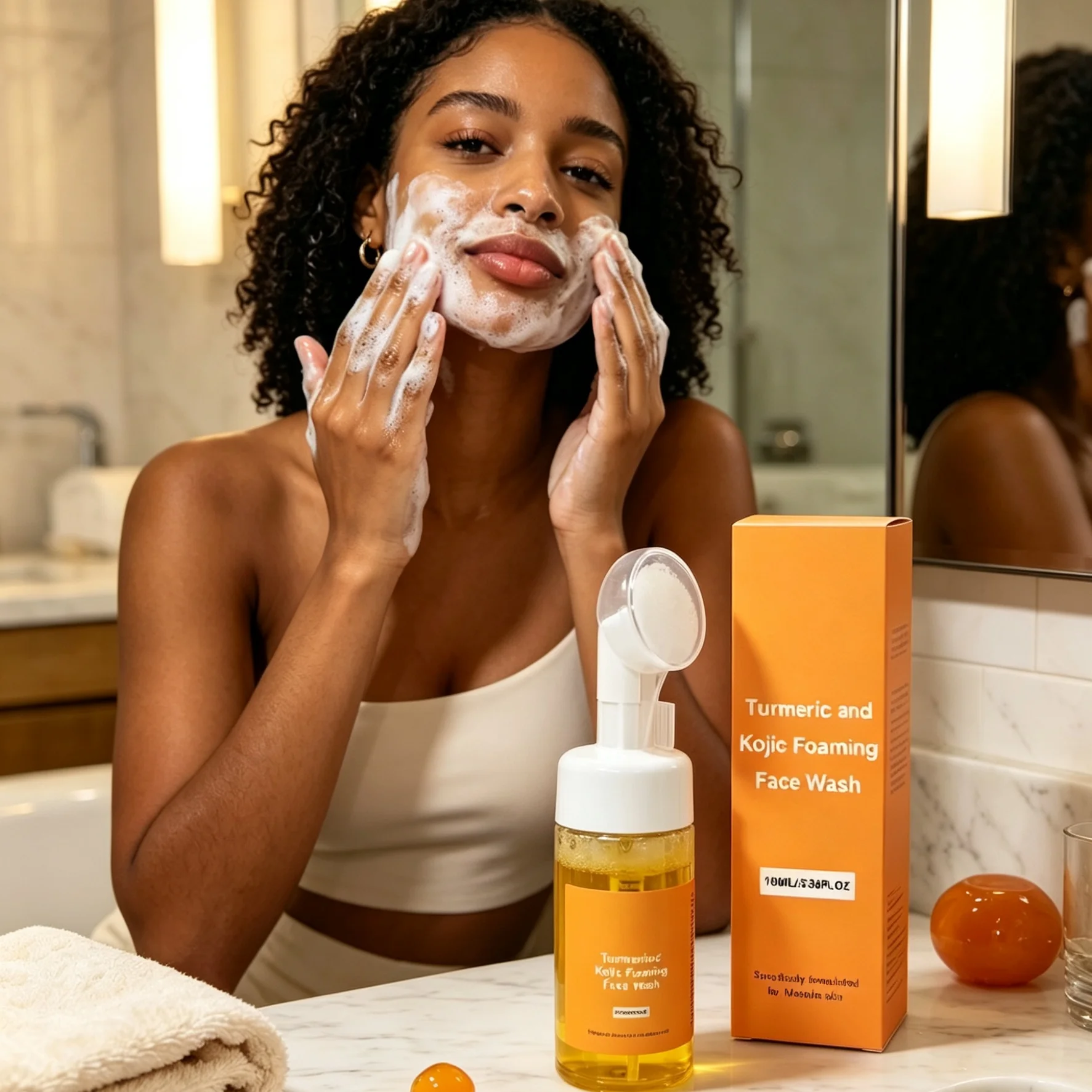 Kojic Acid Turmeric Foam Cleanser Face Wash Melanin Removal Oil Control Moisturizing Facial Cleansing Mousse with Brush 100ml