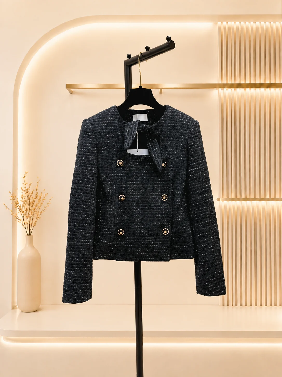 2026 Women Cropped Jacket Structured Woven Fabric Front Tie Bow Detail Two-Tone Button Outerwear