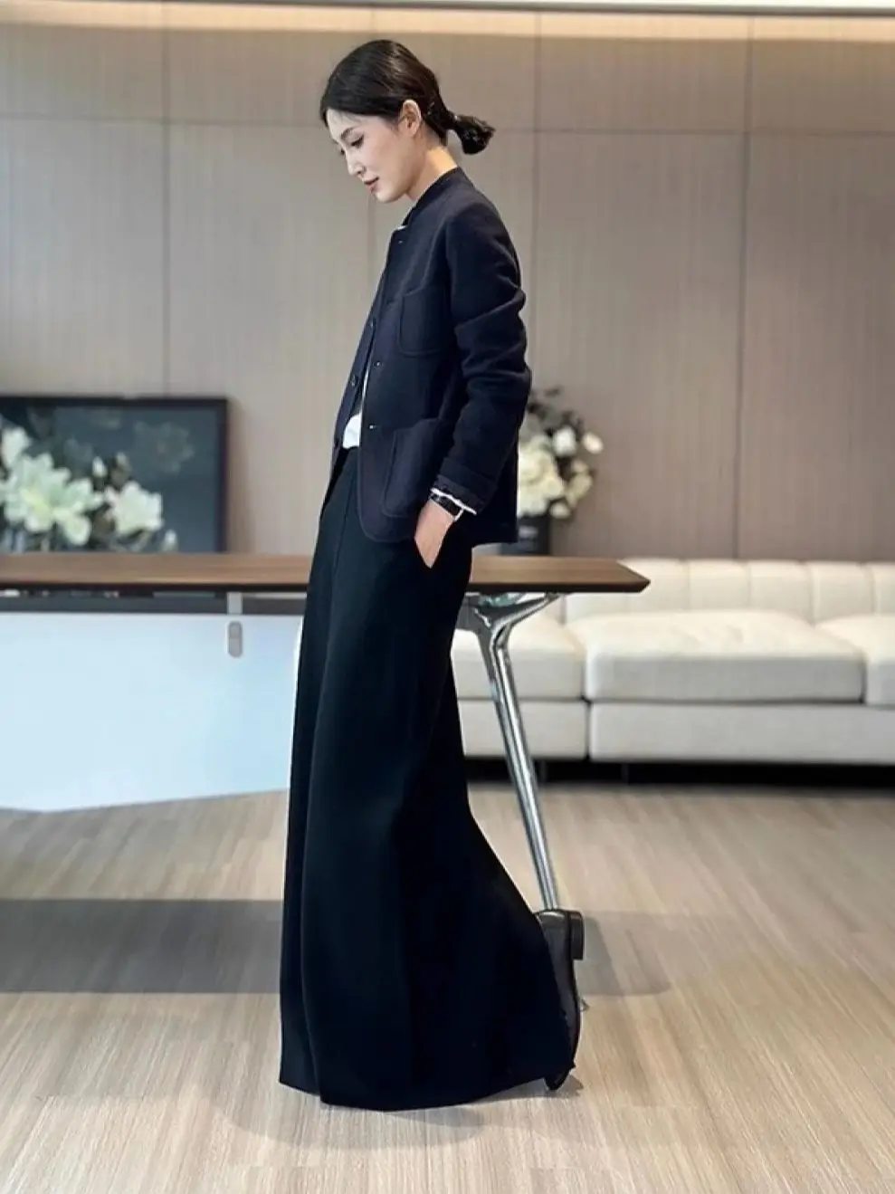 Autumn minimal elegant women's wool black skirt suit