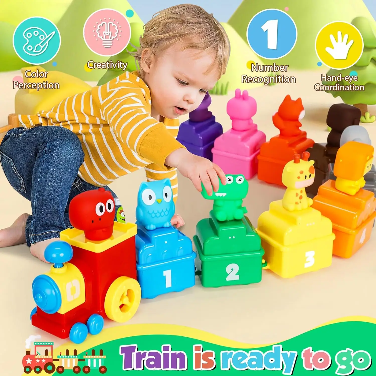 Digital Train Montessori Toy Color Sorting Number Cognition Early Education Toy Animal Finger Puppet Game Gifts for Kid Boy Girl
