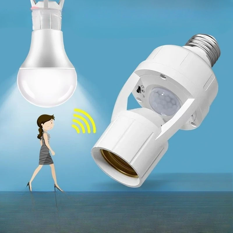 E27 LED Light Bulb Holder with PIR Infrared Motion Sensor Screw Socket Lamp Switch 360 Degrees Adjustable Detection Button