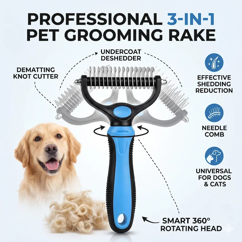 

3-in-1 Pet Grooming Brush for Dogs Cats Deshedding Tool Undercoat Rake Knot Cutter Hair Remover