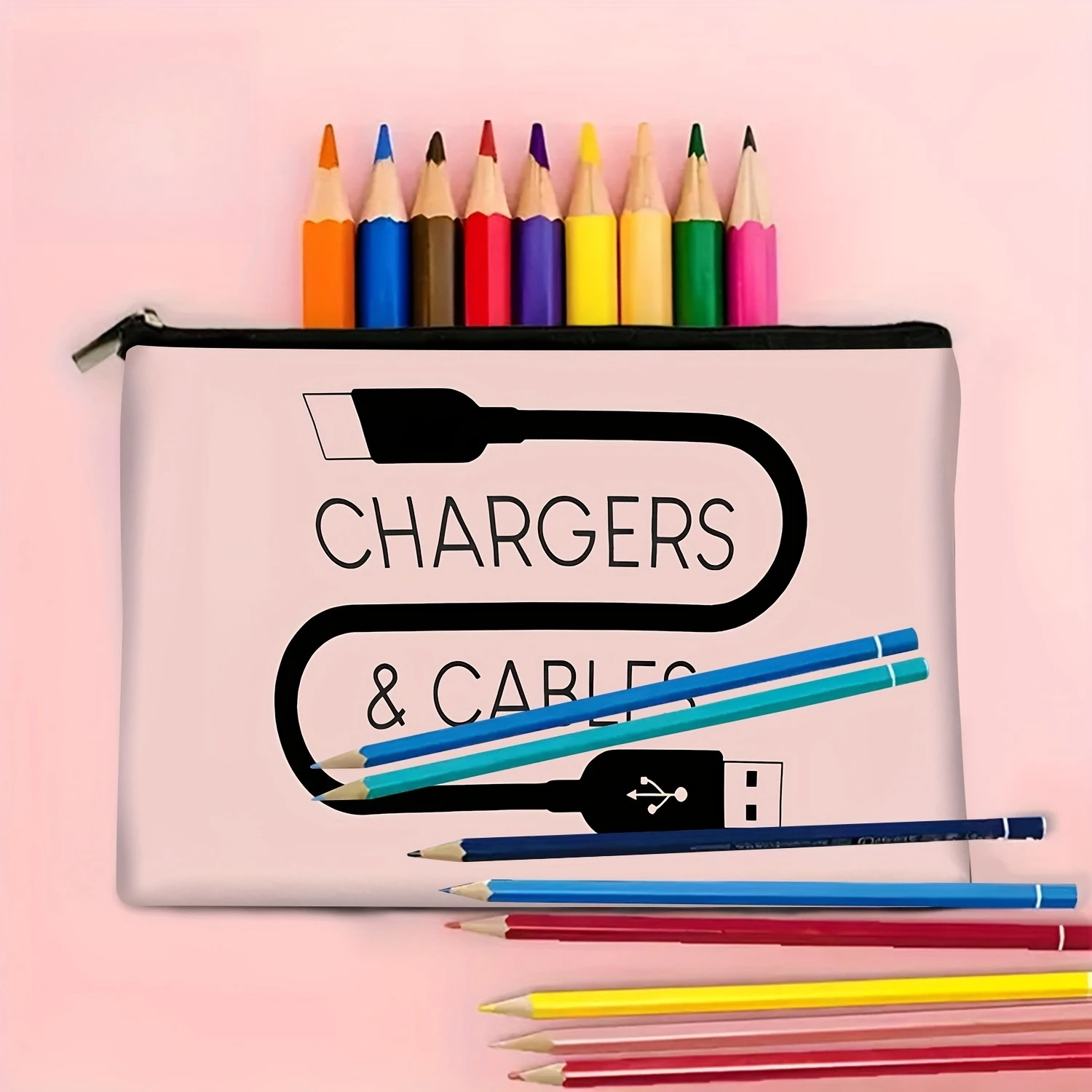 1Pc Pink Charging Cable Retro Design Multifunctional Travel Makeup Bag, Snack Storage Bag, Stationery Storage Bag, Fashionable Toiletry Bag, Canvas Double-Sided Printed Zipper Pouch