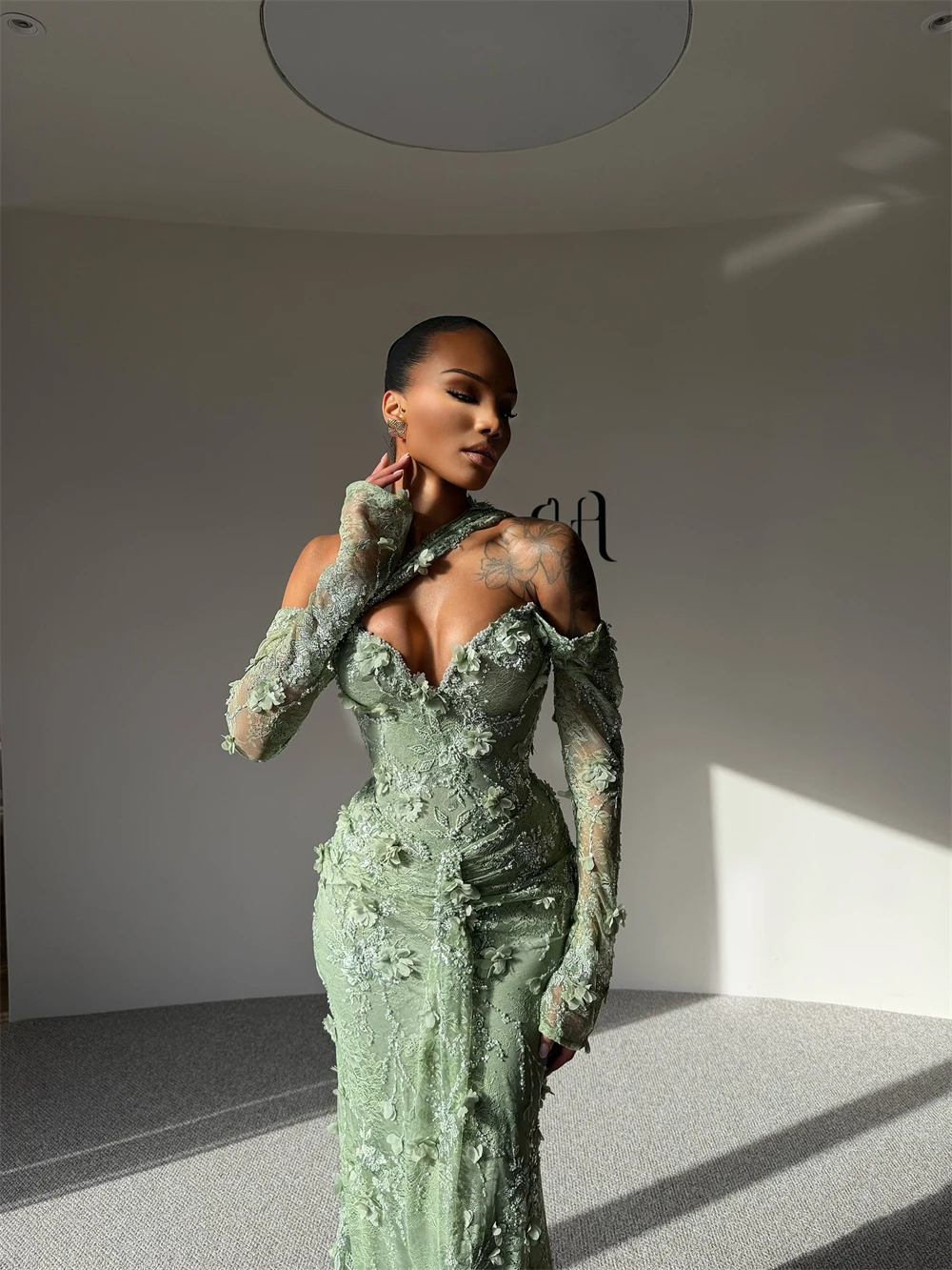 Sansa Customized Sage Green Mermaid 3D Flower Pleats Prom Dress Long Sleeve Vestidos De Noche Floor-Length Formal Evening 2025 image 3