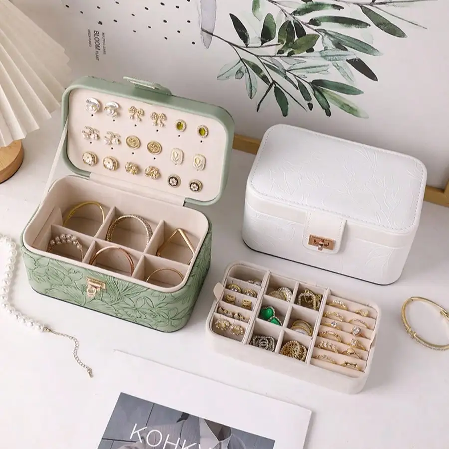 New Luxury Printed Jewelry Storage Box, Large Capacity Multi-Layer Compartment Jewelry Organizer, High-End Floral Leather Bracelet Watch Ring Box, Double Deck Jewelry Case For Women Storage Organizer Travel Essentials Back To School Dormitory Storage
