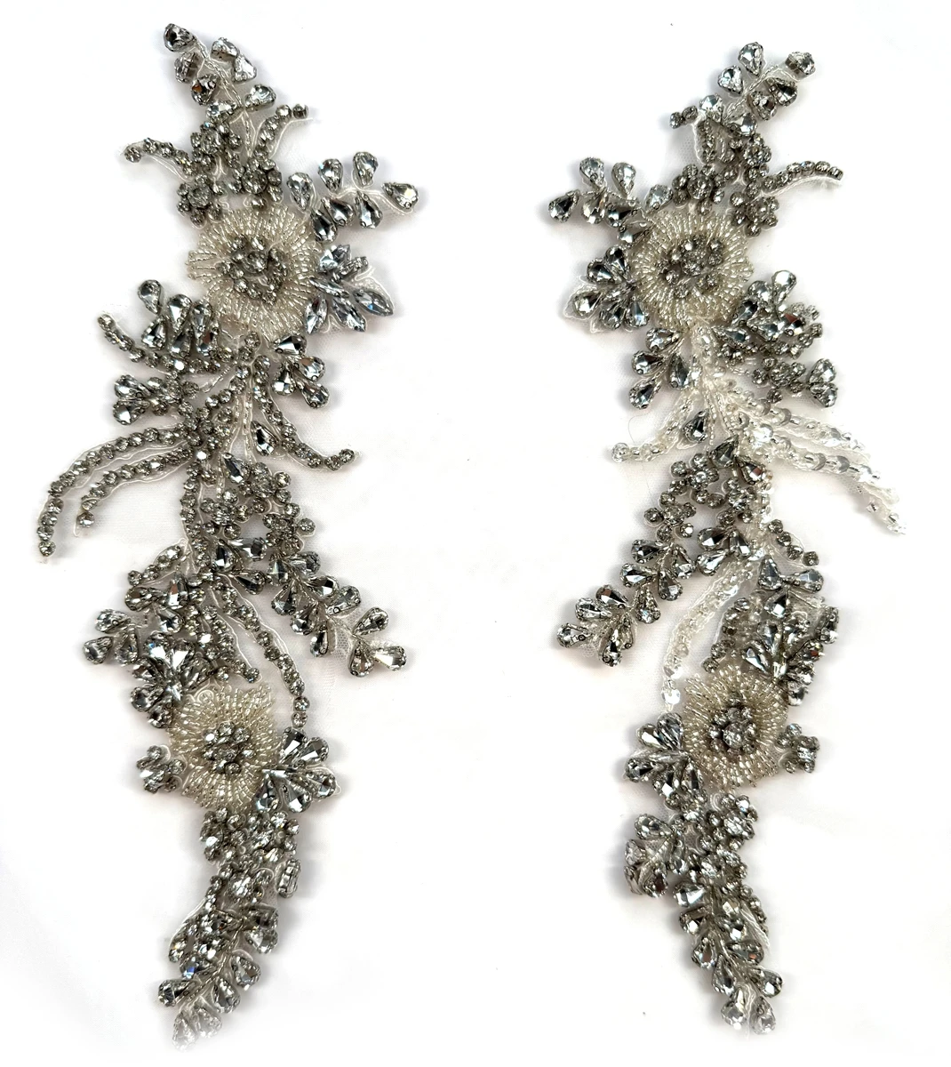 

HelluyerDc Silver,gold,champgane,AB,Black rhinestones beaded applique patch,3D beading flowers pair applique for DIY decorations