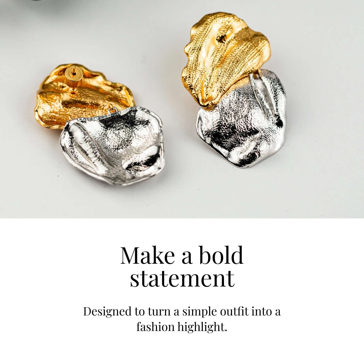 YAJUNIEL Two-Tone Sculpted Texture Stud Earrings 24K Gold & White Gold Plated Hypoallergenic Brass Abstract Earrings for Women