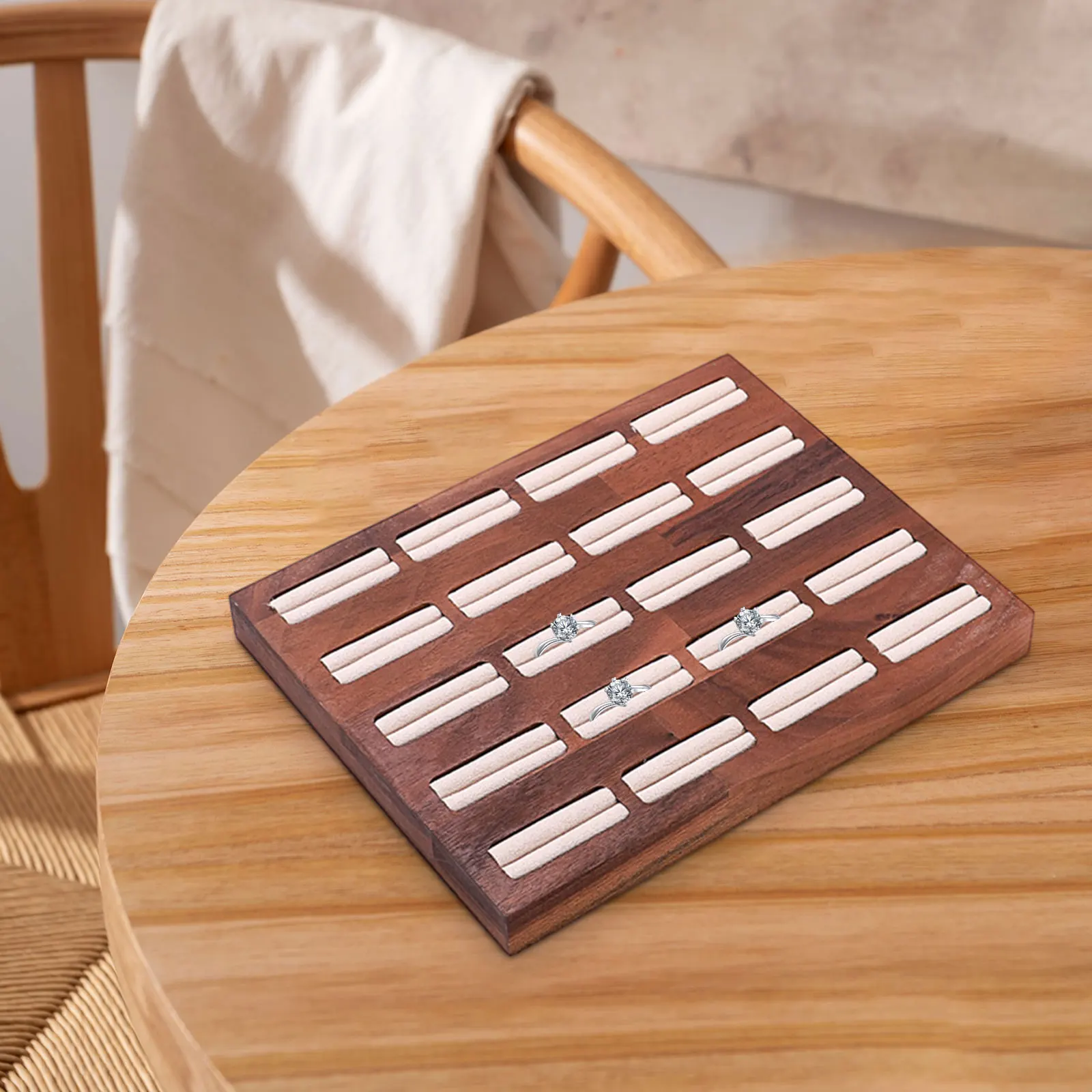 

20, мягкая подставка для колец, большая емкость, бархатные слоты, винтажный деревянный кулон, поднос для ювелирных изделий для колец, серег, столешница