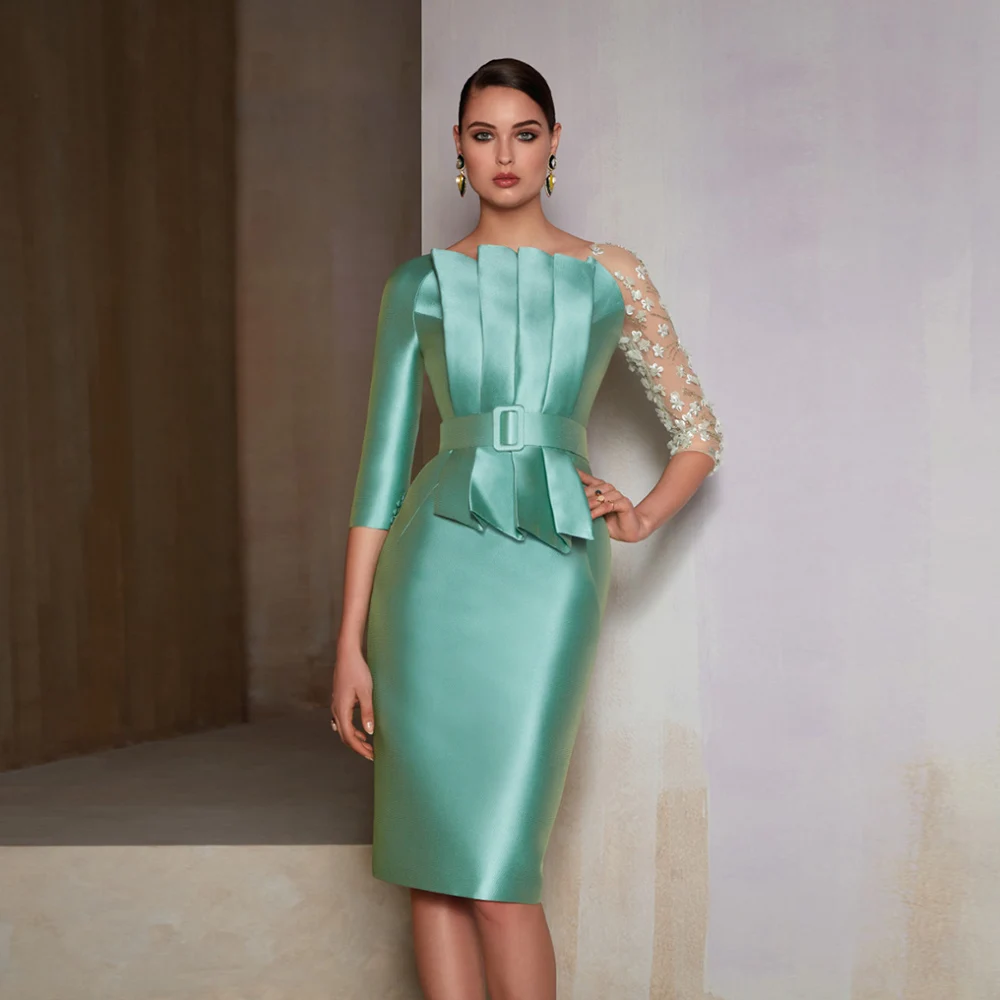 Vestido verde festoneado de flores 3D para mujer, traje de invitados de boda hasta la rodilla, cinturón de sirena, vestidos de Madre de la novia, ropa Formal elegante