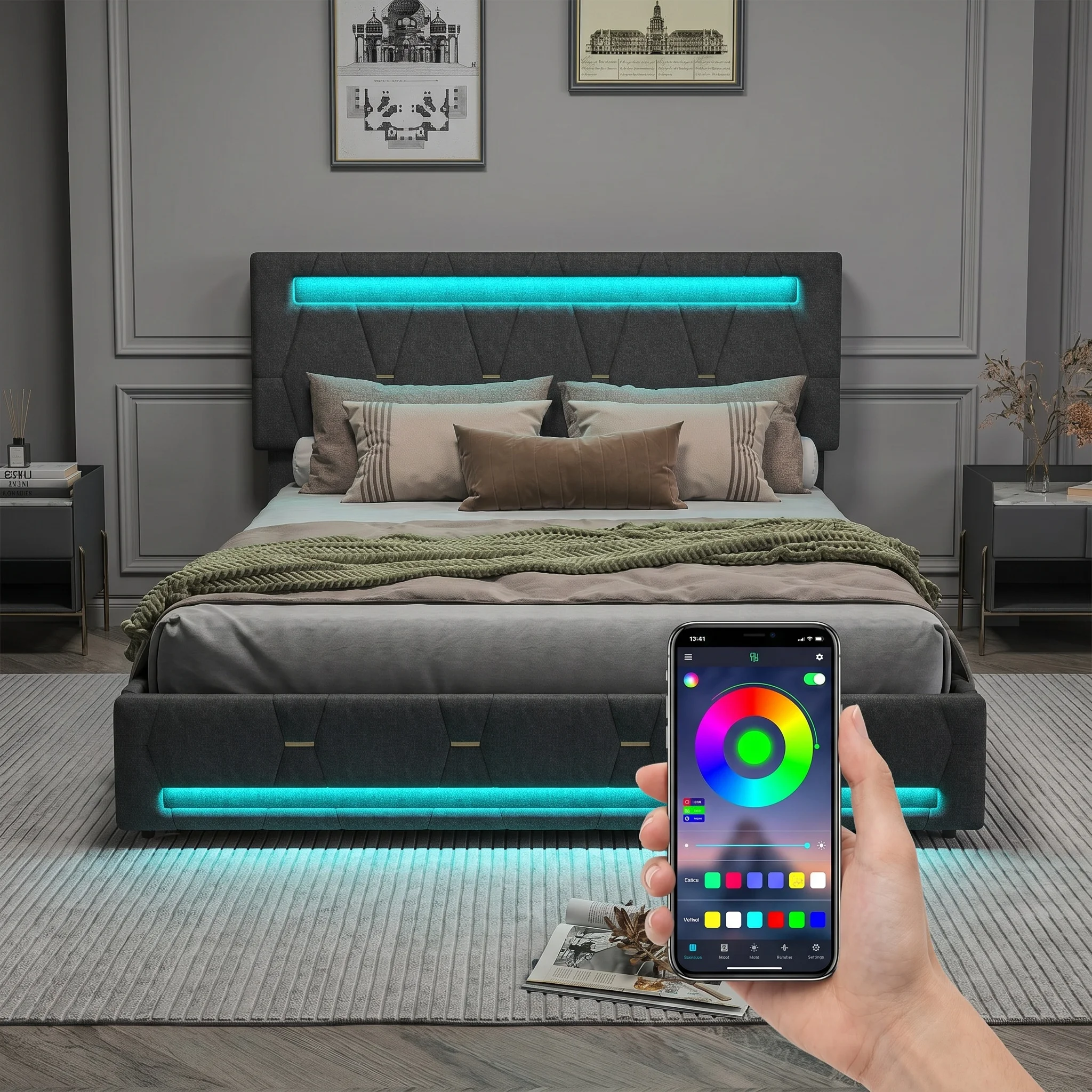 Superaly 140 x 200 cm Jugendbett, Polsterbett mit LED-Beleuchtung und USB-Ladefunktion, Bett mit Stauraum und 4 Schubladen, verstellbares Kopfteil, Leinen, Grau