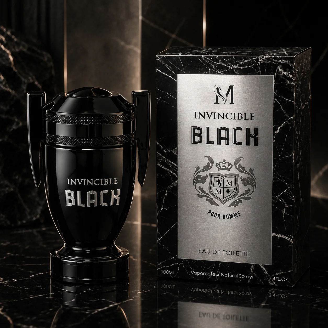 Invincible Black 100 ml - Montage Brands. Parfum pour hommes, eau de toilette, fragrance orientale boisée intense aux notes d'agrumes (citronnelle), de cumin et d'eugénol épicés, de géranium et de base d'ambre profonde.