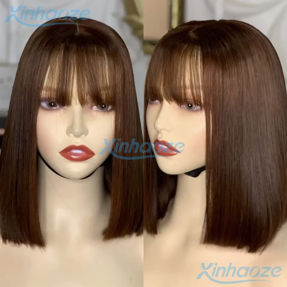 

#30 Brown Human Hair Short Bob Wigs With Bangs Glueless Pre Plucked 5x5 Silk Top Closure Fringe Wigs 13x6/360 Full Lace Bob Wigs