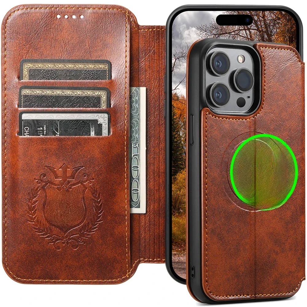 SUTENI Magsafe Lederen Telefoon Case Voor iPhone 12 13 14 15 16 17 Pro Max Plus Flip Cover Portemonnee voor Mannen Kaarthouder - afbeelding 2