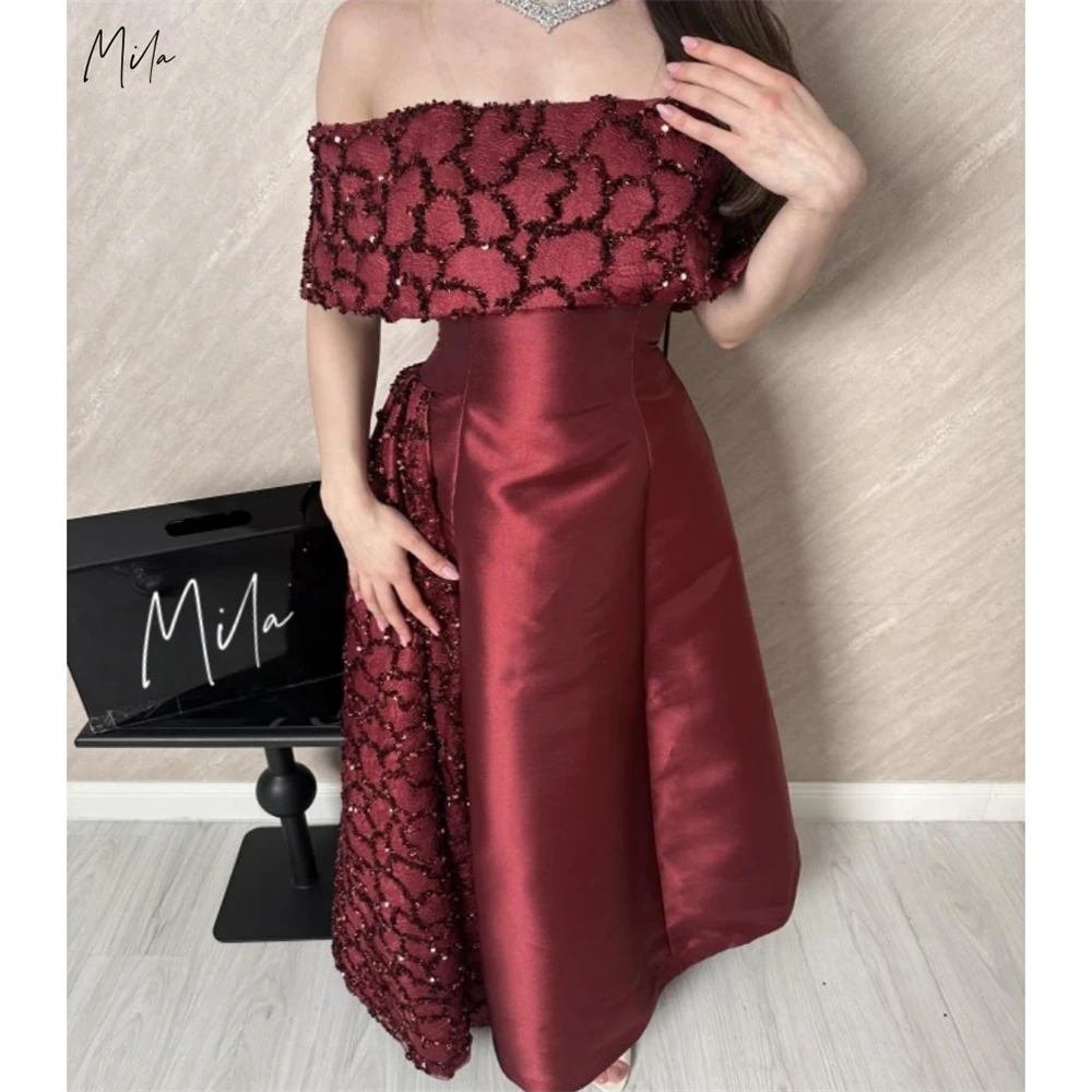 

Mila Customized Burgundy A-Line Off The Shoulder Sequined Prom Dress Satin Corset Formal Evening Floor-Length Vestidos De Fiesta