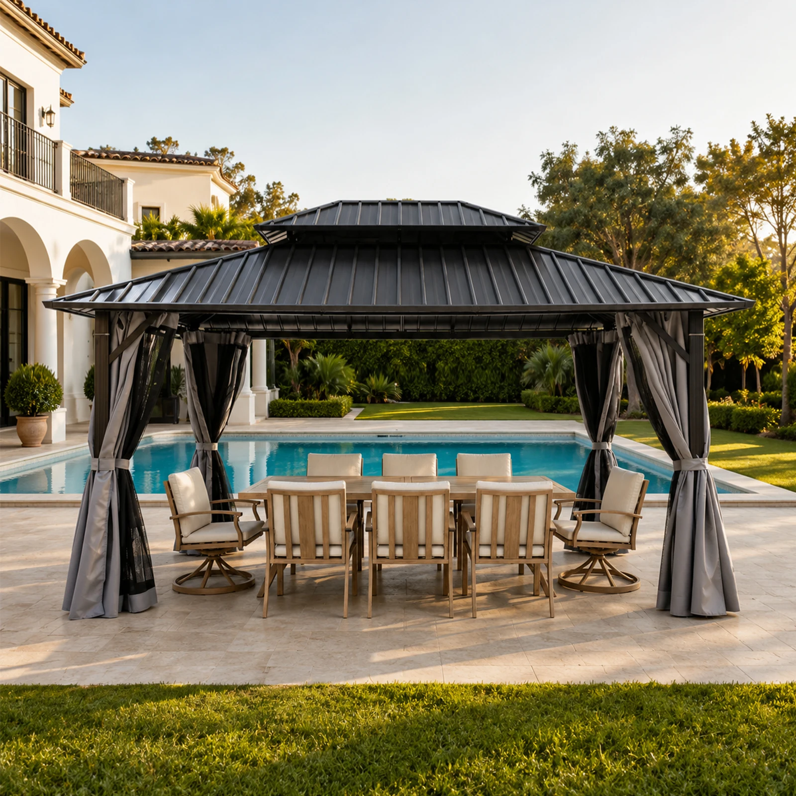

SeeHill 12' x 16' Outdoor Hardtop Gazebo with Aluminum Frame, Double Steel Roof Patio Pergola with Netting and Curtains